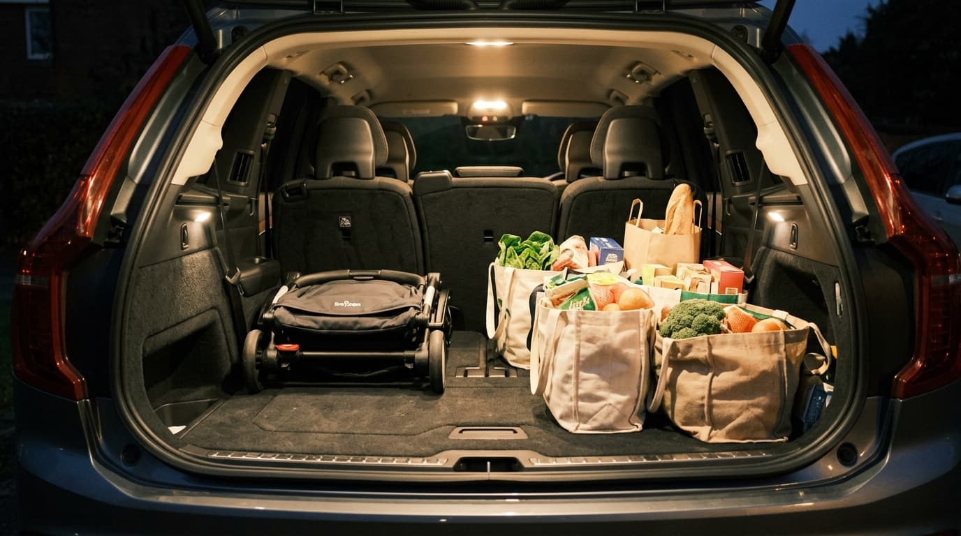 Large boot of a 7-seater MPV with the third row folded, a stroller and groceries